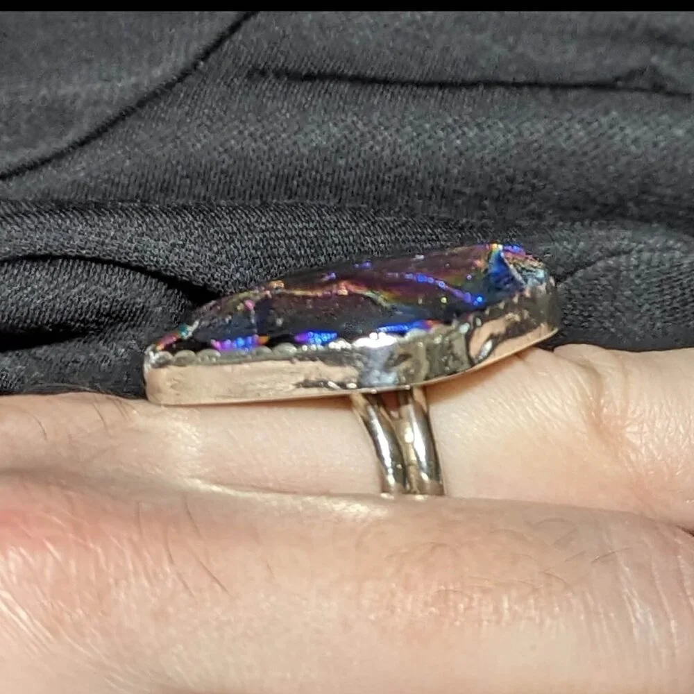 WOW Signed Purple Magenta Dichroic RULA GLASS Sterling Silver Ring Sz 9.5 19.4mm